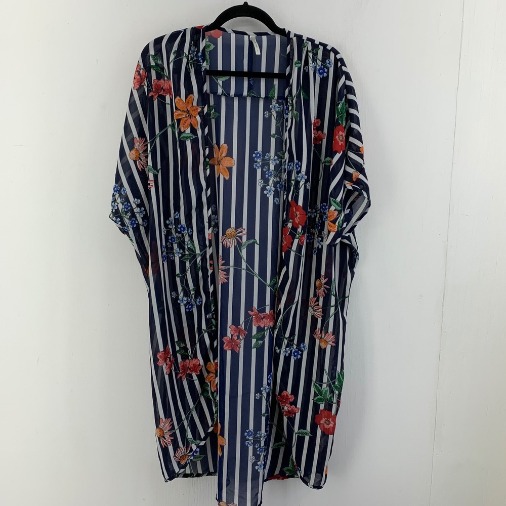 Boho Cottagecore Womens Large Striped Floral Sheer Kimono Swim Cover Beach
